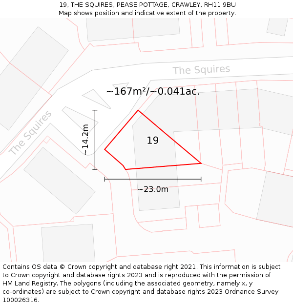 19, THE SQUIRES, PEASE POTTAGE, CRAWLEY, RH11 9BU: Plot and title map