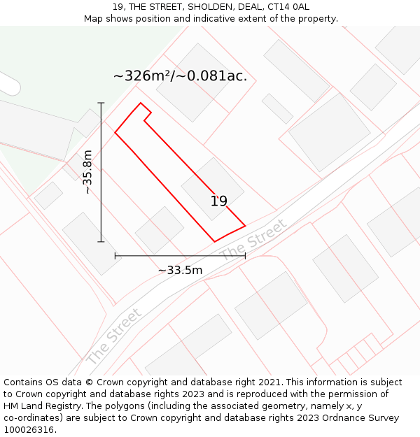 19, THE STREET, SHOLDEN, DEAL, CT14 0AL: Plot and title map
