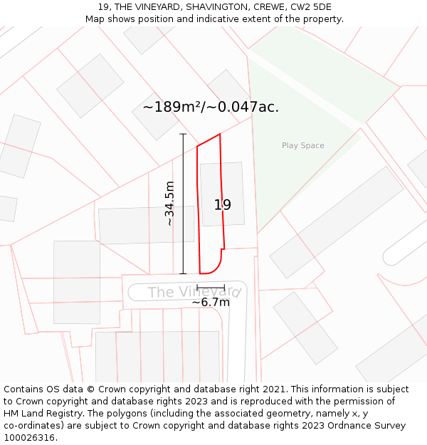 19, THE VINEYARD, SHAVINGTON, CREWE, CW2 5DE: Plot and title map