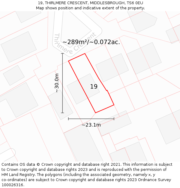 19, THIRLMERE CRESCENT, MIDDLESBROUGH, TS6 0EU: Plot and title map
