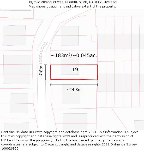 19, THOMPSON CLOSE, HIPPERHOLME, HALIFAX, HX3 8FG: Plot and title map