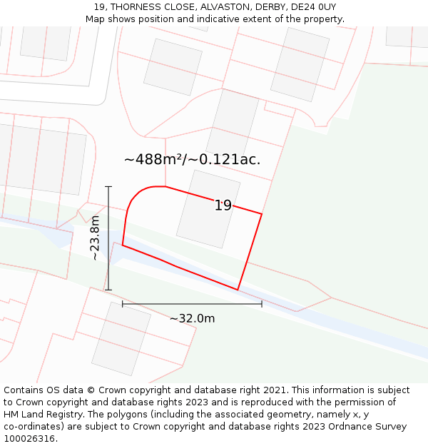 19, THORNESS CLOSE, ALVASTON, DERBY, DE24 0UY: Plot and title map
