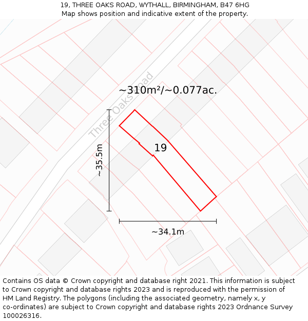 19, THREE OAKS ROAD, WYTHALL, BIRMINGHAM, B47 6HG: Plot and title map