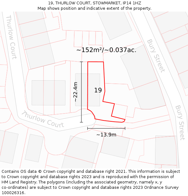 19, THURLOW COURT, STOWMARKET, IP14 1HZ: Plot and title map