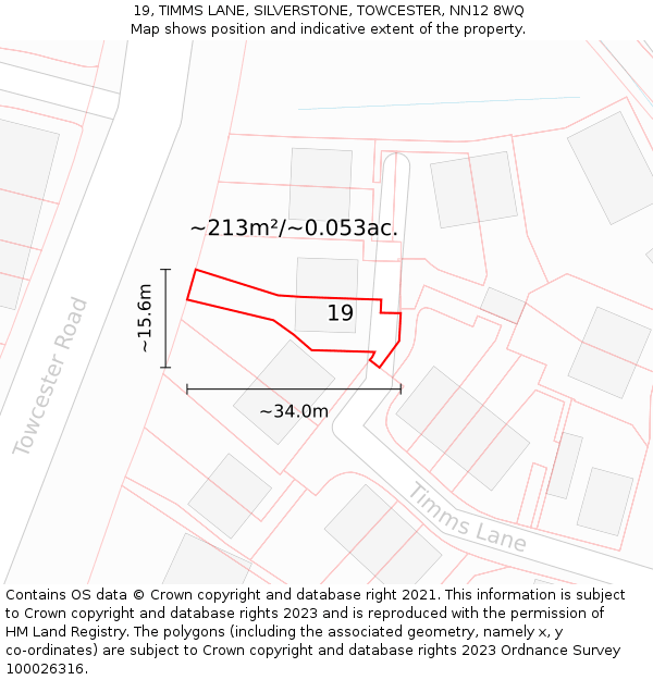19, TIMMS LANE, SILVERSTONE, TOWCESTER, NN12 8WQ: Plot and title map