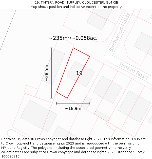 19, TINTERN ROAD, TUFFLEY, GLOUCESTER, GL4 0JB: Plot and title map