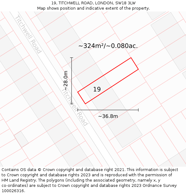 19, TITCHWELL ROAD, LONDON, SW18 3LW: Plot and title map