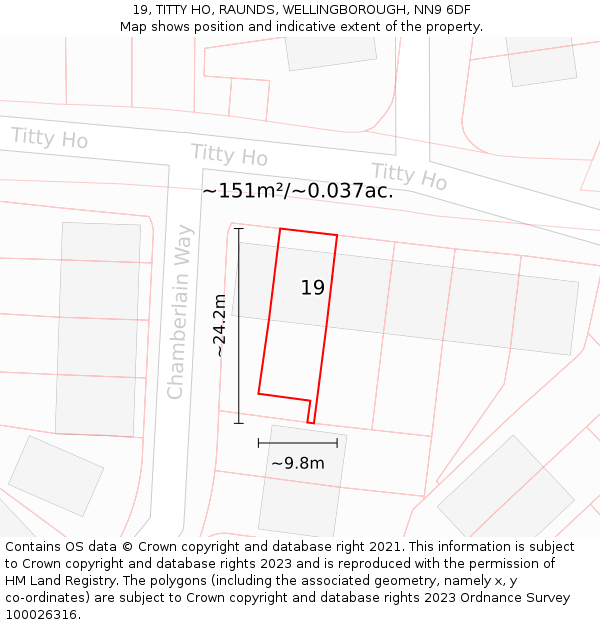 19, TITTY HO, RAUNDS, WELLINGBOROUGH, NN9 6DF: Plot and title map