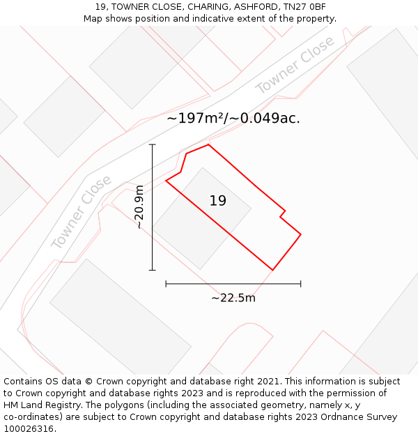 19, TOWNER CLOSE, CHARING, ASHFORD, TN27 0BF: Plot and title map