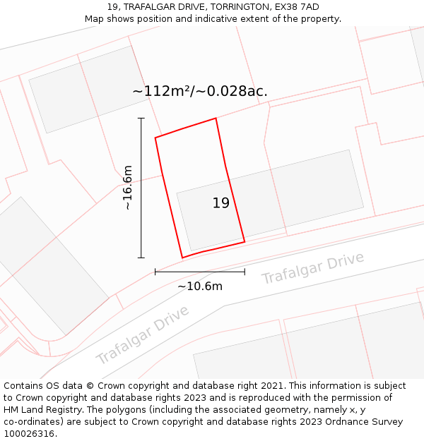 19, TRAFALGAR DRIVE, TORRINGTON, EX38 7AD: Plot and title map
