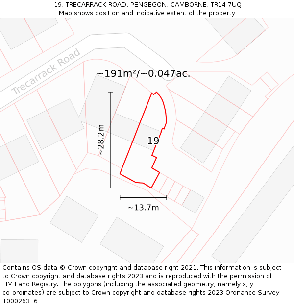 19, TRECARRACK ROAD, PENGEGON, CAMBORNE, TR14 7UQ: Plot and title map