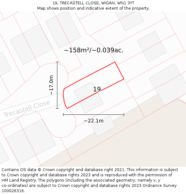 19, TRECASTELL CLOSE, WIGAN, WN1 3YT: Plot and title map