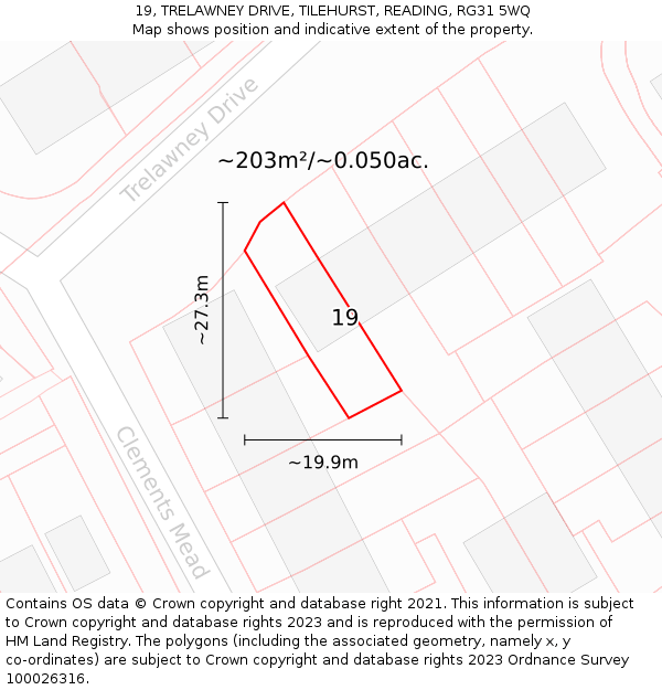 19, TRELAWNEY DRIVE, TILEHURST, READING, RG31 5WQ: Plot and title map