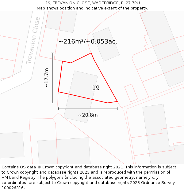 19, TREVANION CLOSE, WADEBRIDGE, PL27 7PU: Plot and title map