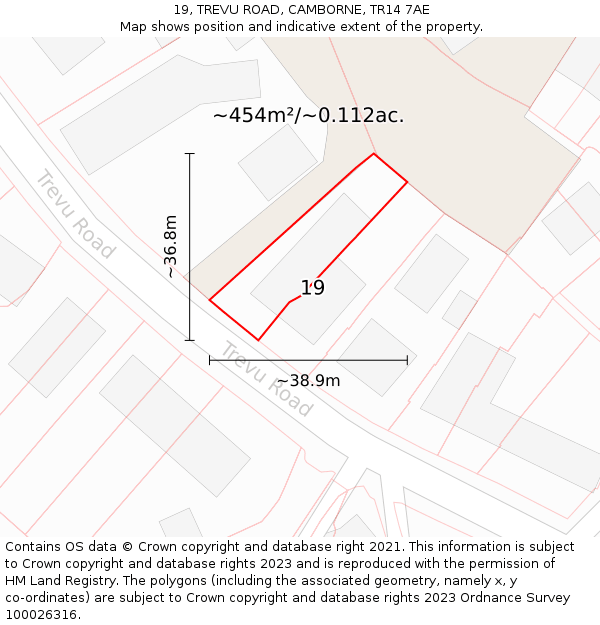 19, TREVU ROAD, CAMBORNE, TR14 7AE: Plot and title map