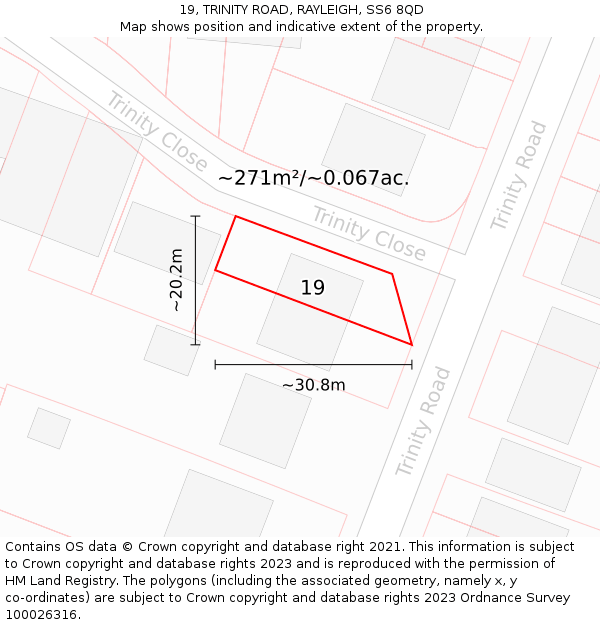 19, TRINITY ROAD, RAYLEIGH, SS6 8QD: Plot and title map