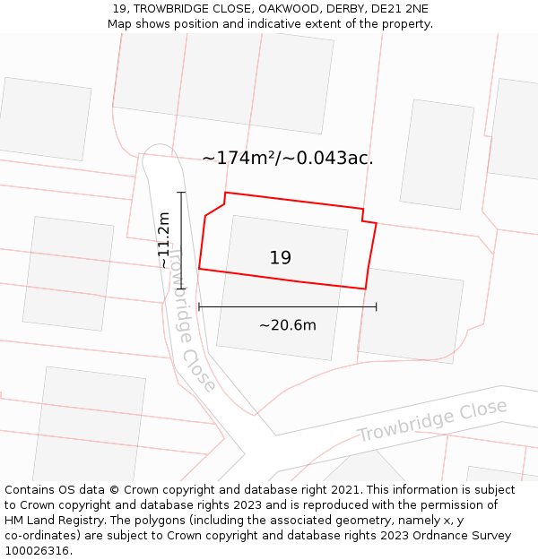 19, TROWBRIDGE CLOSE, OAKWOOD, DERBY, DE21 2NE: Plot and title map