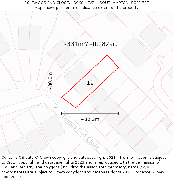 19, TWIGGS END CLOSE, LOCKS HEATH, SOUTHAMPTON, SO31 7ET: Plot and title map