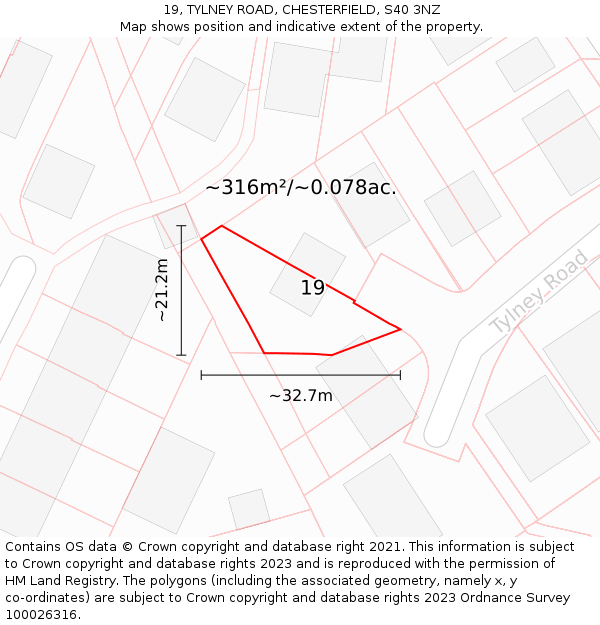 19, TYLNEY ROAD, CHESTERFIELD, S40 3NZ: Plot and title map