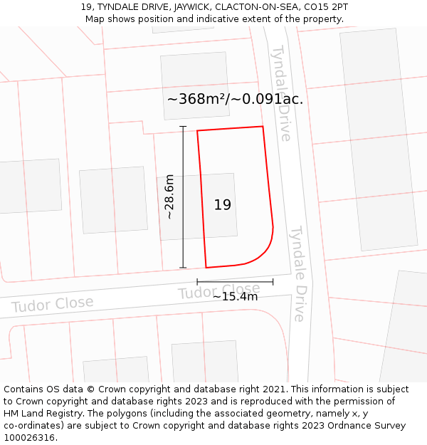 19, TYNDALE DRIVE, JAYWICK, CLACTON-ON-SEA, CO15 2PT: Plot and title map