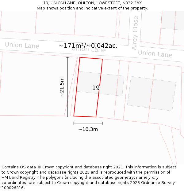 19, UNION LANE, OULTON, LOWESTOFT, NR32 3AX: Plot and title map