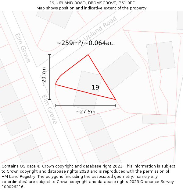 19, UPLAND ROAD, BROMSGROVE, B61 0EE: Plot and title map