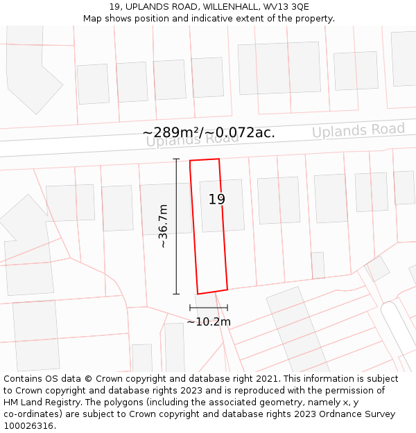 19, UPLANDS ROAD, WILLENHALL, WV13 3QE: Plot and title map