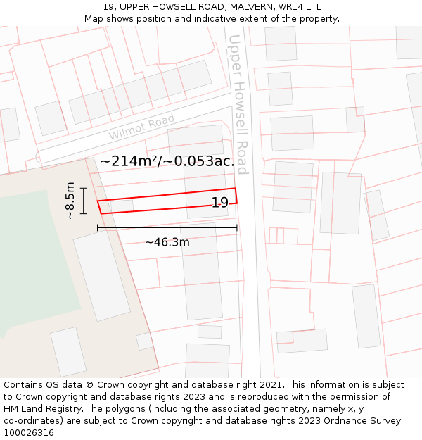 19, UPPER HOWSELL ROAD, MALVERN, WR14 1TL: Plot and title map