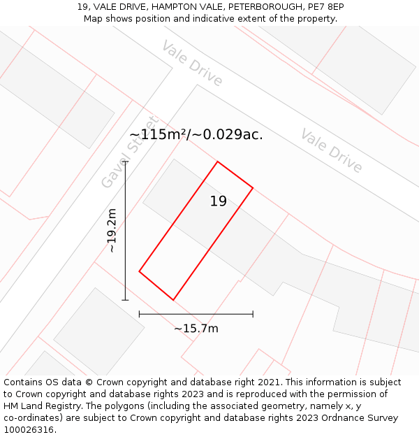 19, VALE DRIVE, HAMPTON VALE, PETERBOROUGH, PE7 8EP: Plot and title map