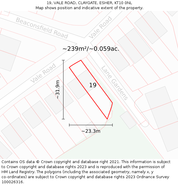 19, VALE ROAD, CLAYGATE, ESHER, KT10 0NL: Plot and title map