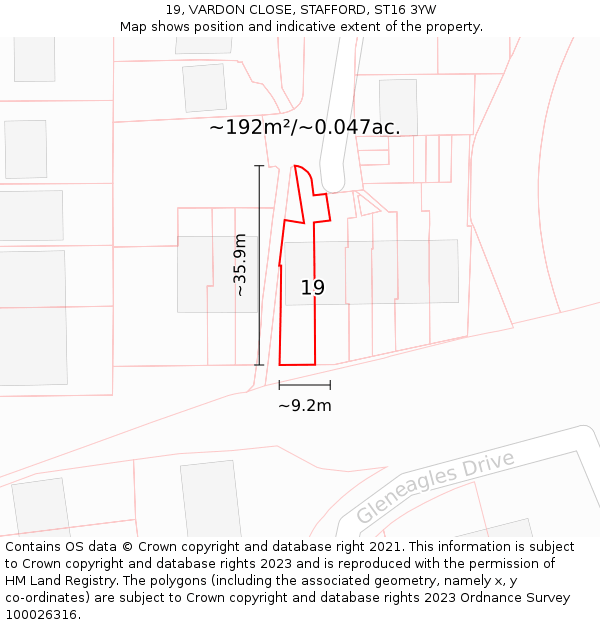 19, VARDON CLOSE, STAFFORD, ST16 3YW: Plot and title map