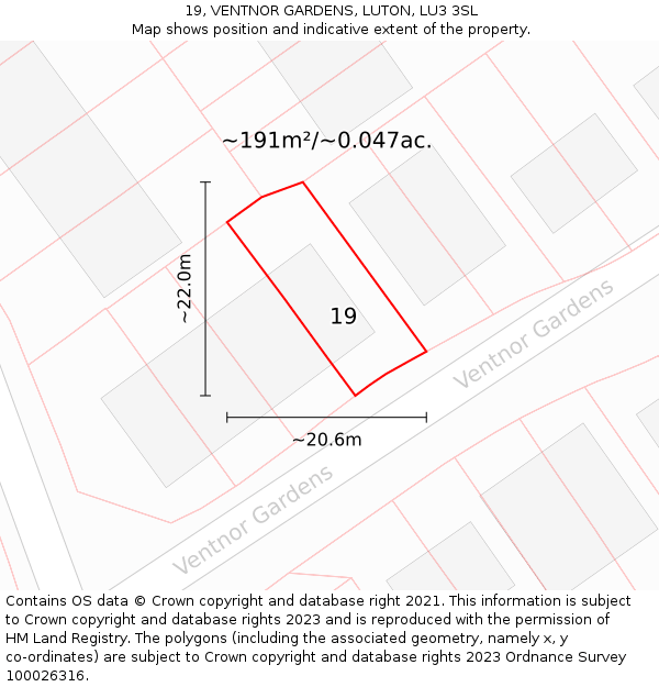 19, VENTNOR GARDENS, LUTON, LU3 3SL: Plot and title map