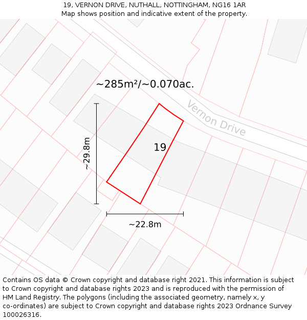 19, VERNON DRIVE, NUTHALL, NOTTINGHAM, NG16 1AR: Plot and title map