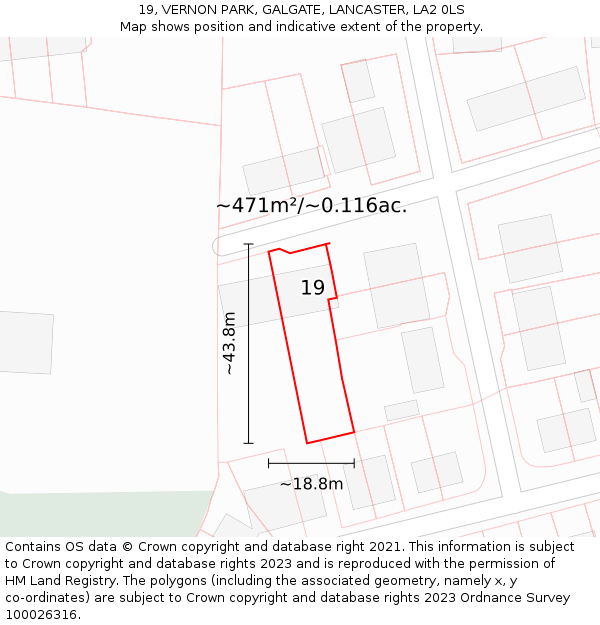 19, VERNON PARK, GALGATE, LANCASTER, LA2 0LS: Plot and title map