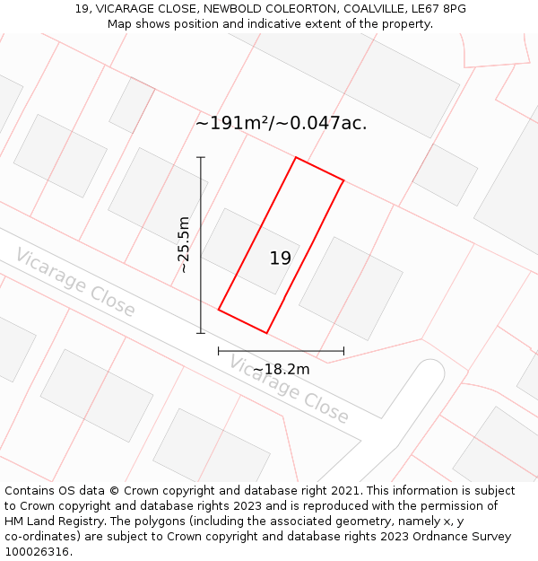 19, VICARAGE CLOSE, NEWBOLD COLEORTON, COALVILLE, LE67 8PG: Plot and title map