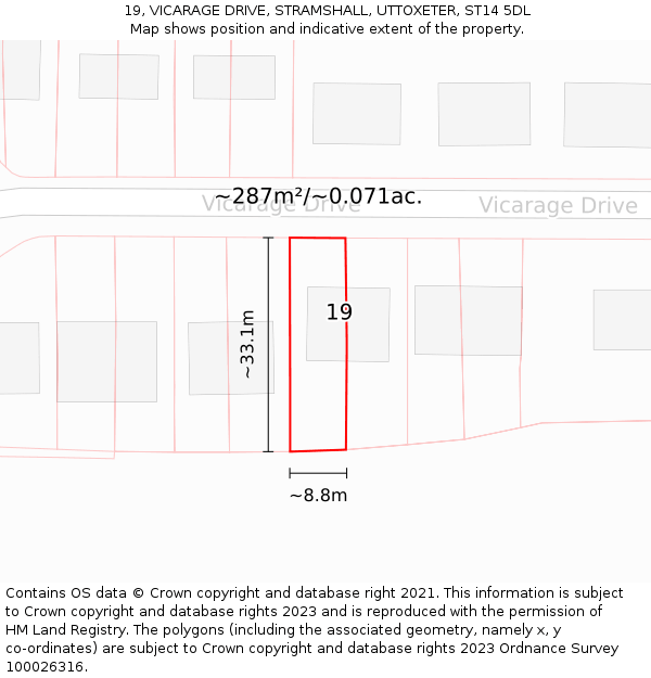 19, VICARAGE DRIVE, STRAMSHALL, UTTOXETER, ST14 5DL: Plot and title map