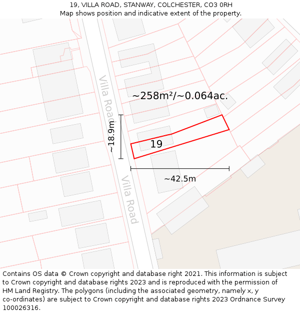 19, VILLA ROAD, STANWAY, COLCHESTER, CO3 0RH: Plot and title map
