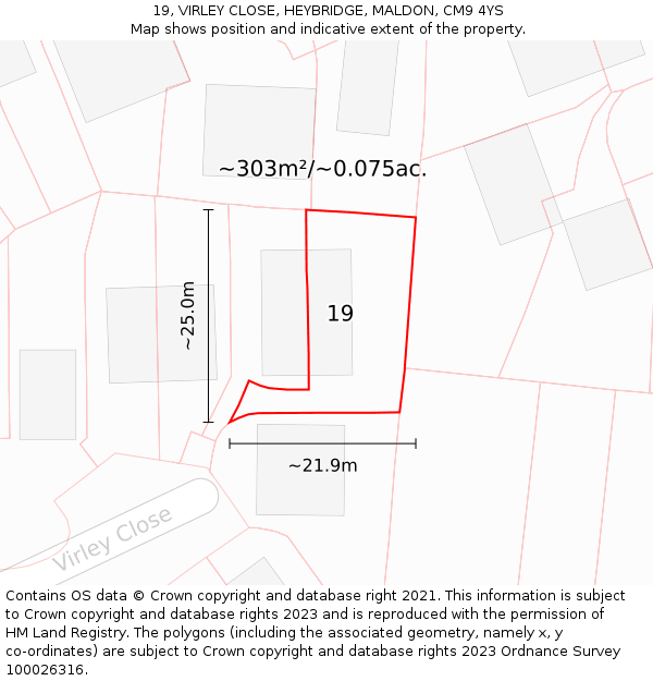 19, VIRLEY CLOSE, HEYBRIDGE, MALDON, CM9 4YS: Plot and title map