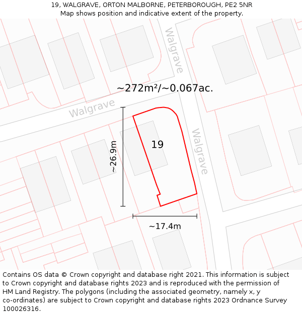 19, WALGRAVE, ORTON MALBORNE, PETERBOROUGH, PE2 5NR: Plot and title map