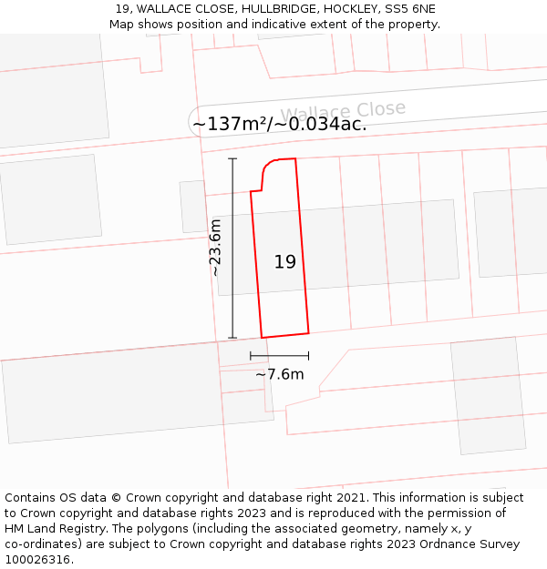 19, WALLACE CLOSE, HULLBRIDGE, HOCKLEY, SS5 6NE: Plot and title map