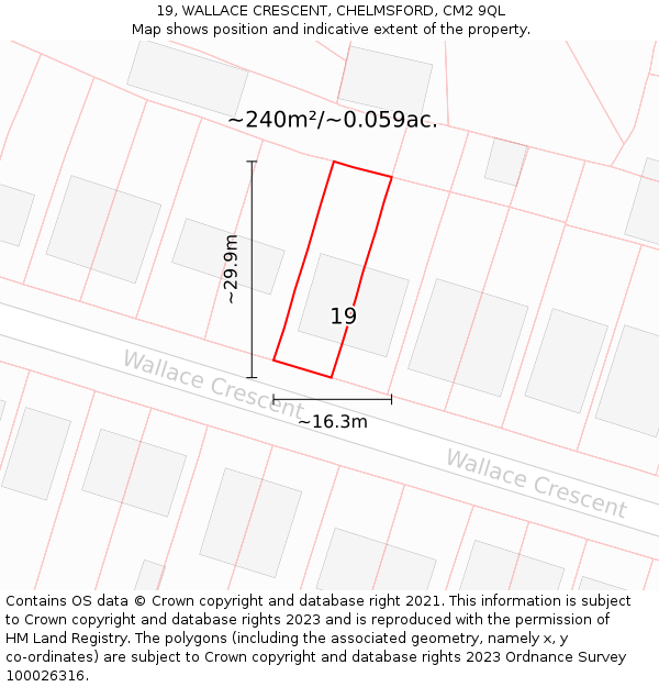 19, WALLACE CRESCENT, CHELMSFORD, CM2 9QL: Plot and title map