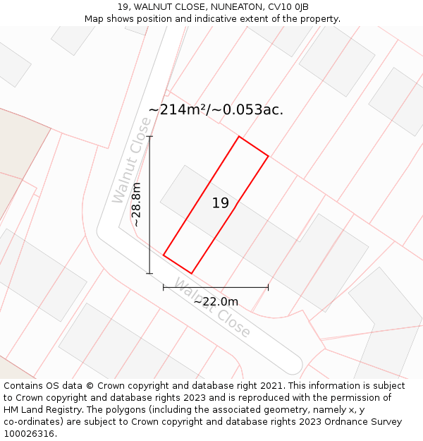 19, WALNUT CLOSE, NUNEATON, CV10 0JB: Plot and title map