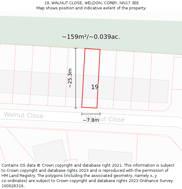 19, WALNUT CLOSE, WELDON, CORBY, NN17 3EE: Plot and title map