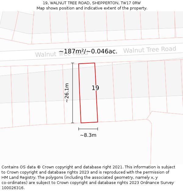 19, WALNUT TREE ROAD, SHEPPERTON, TW17 0RW: Plot and title map