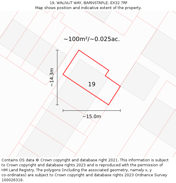 19, WALNUT WAY, BARNSTAPLE, EX32 7RF: Plot and title map