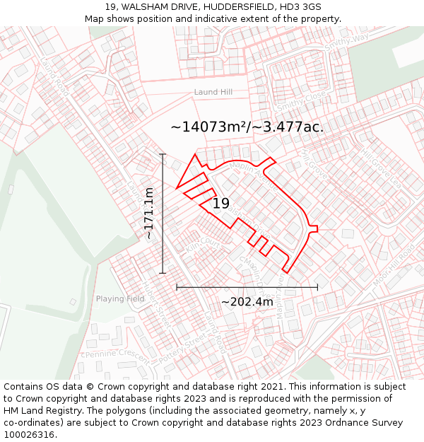 19, WALSHAM DRIVE, HUDDERSFIELD, HD3 3GS: Plot and title map