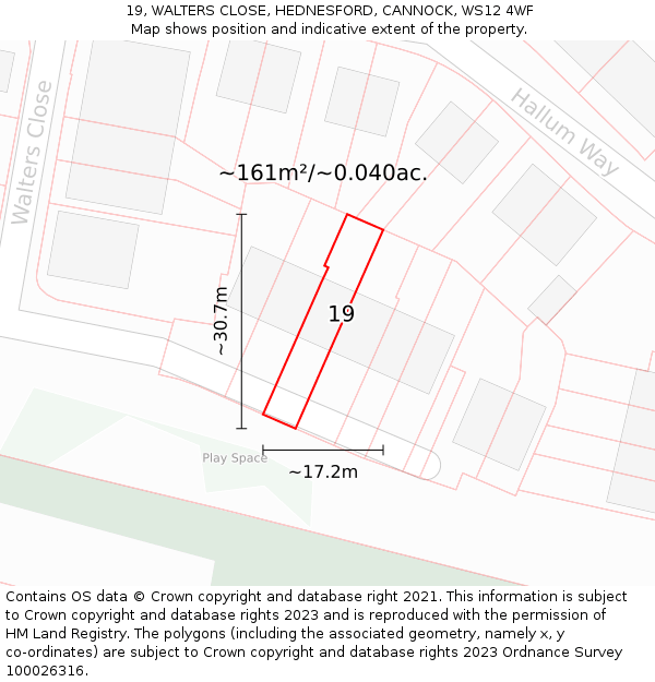 19, WALTERS CLOSE, HEDNESFORD, CANNOCK, WS12 4WF: Plot and title map