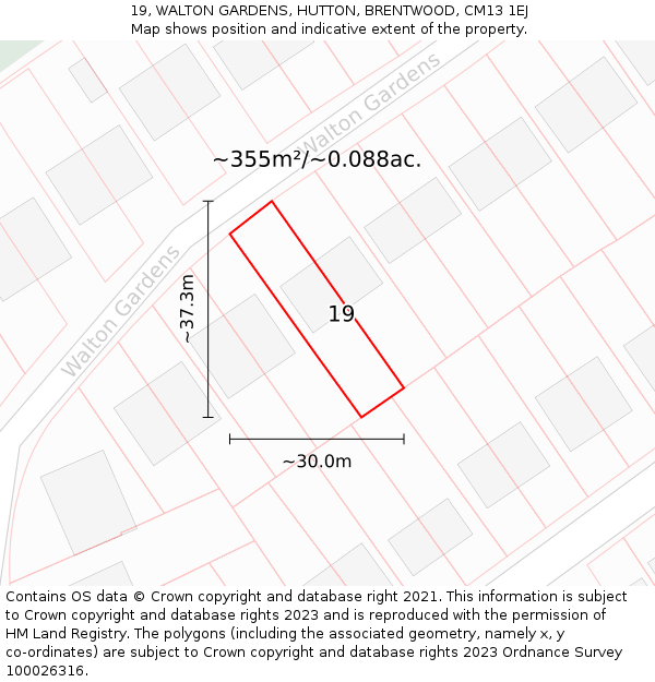 19, WALTON GARDENS, HUTTON, BRENTWOOD, CM13 1EJ: Plot and title map