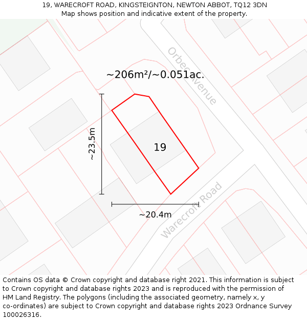 19, WARECROFT ROAD, KINGSTEIGNTON, NEWTON ABBOT, TQ12 3DN: Plot and title map