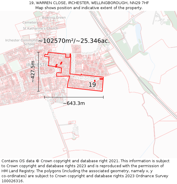 19, WARREN CLOSE, IRCHESTER, WELLINGBOROUGH, NN29 7HF: Plot and title map